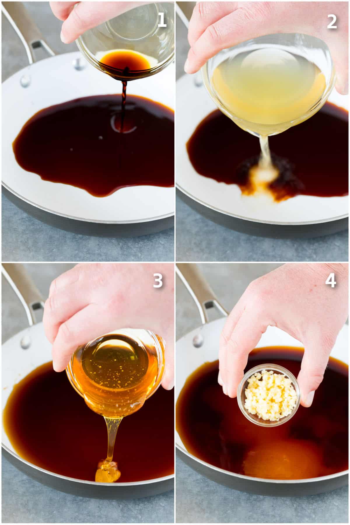 Soy sauce, chicken broth, honey and garlic being poured into a pan.