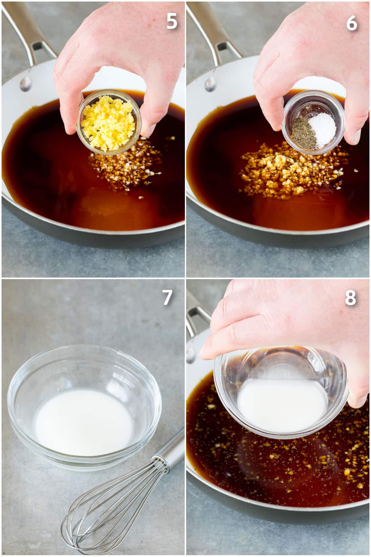 Ginger, salt, pepper and cornstarch being added to a pan of sauce.