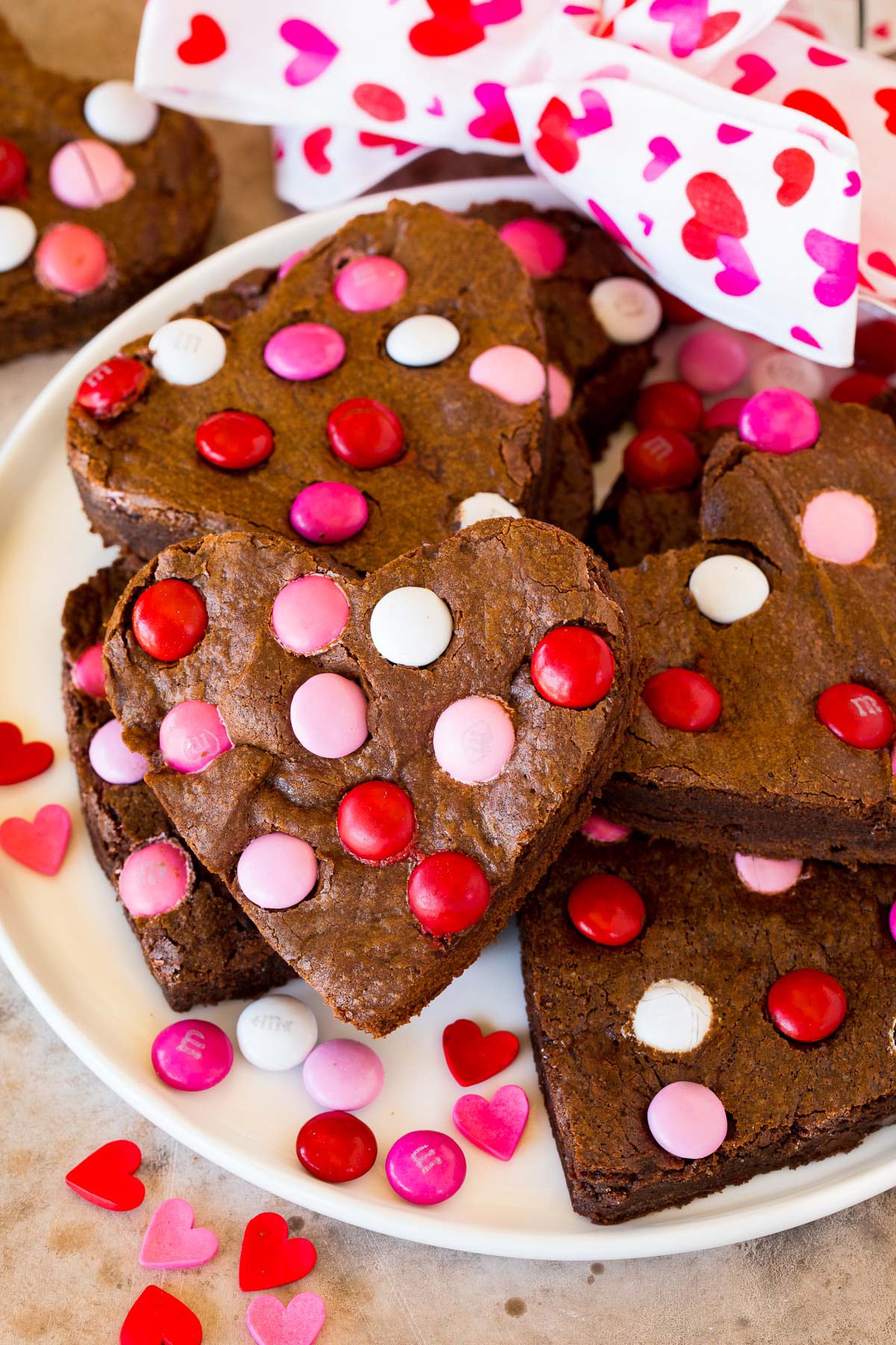 A plate of heart shaped Valentine brownies.
