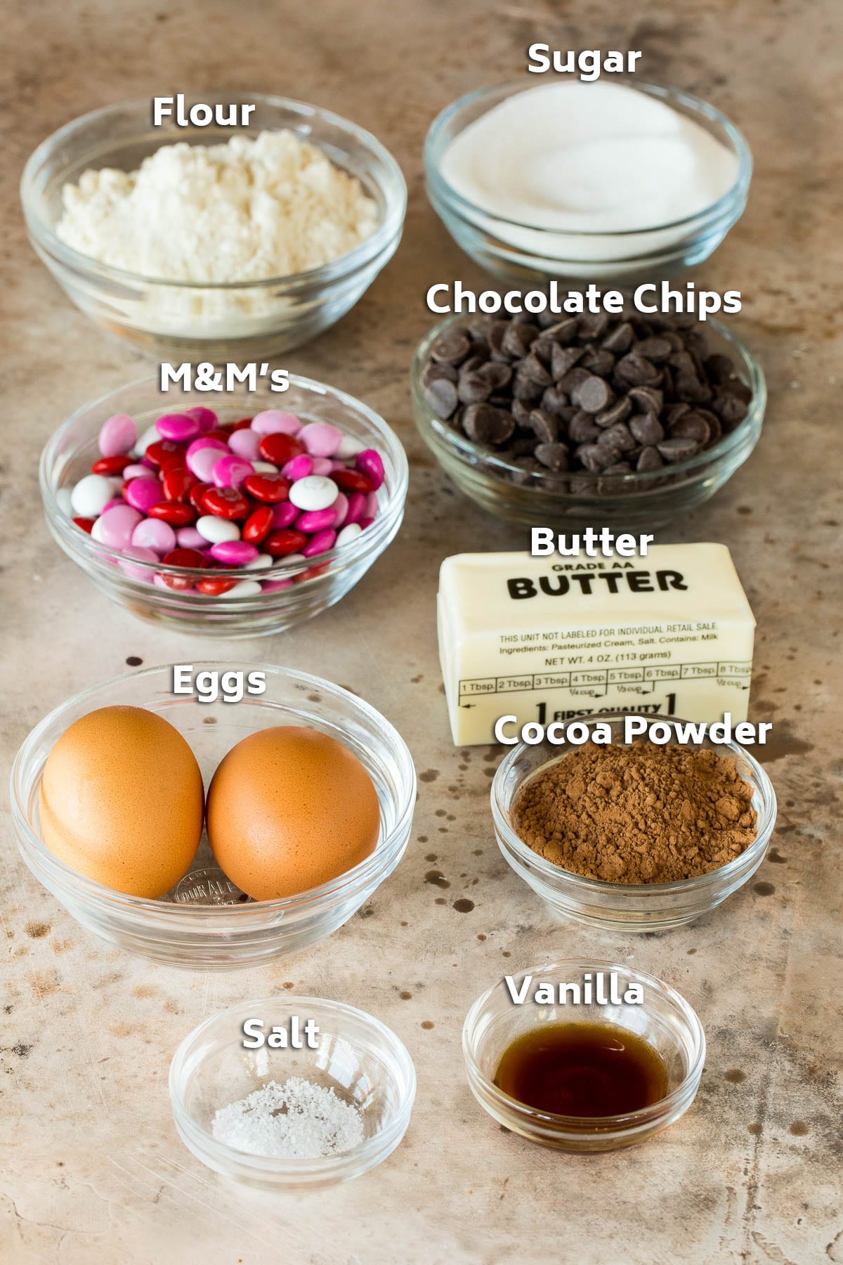Ingredients including butter, sugar, flour, chocolate and cocoa powder.