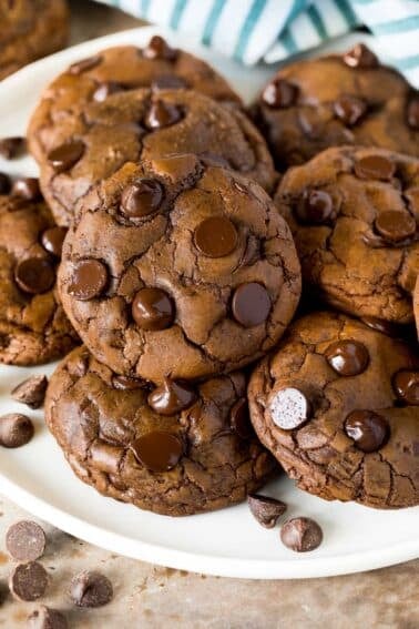 A plate filled with chocolate fudge cookies topped with chocolate chips.
