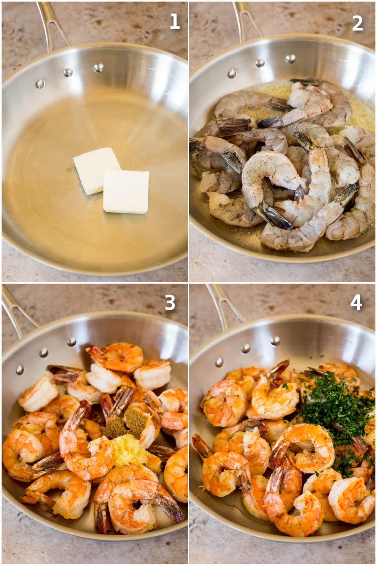 Shrimp being cooked in a pan with garlic, butter and herbs.