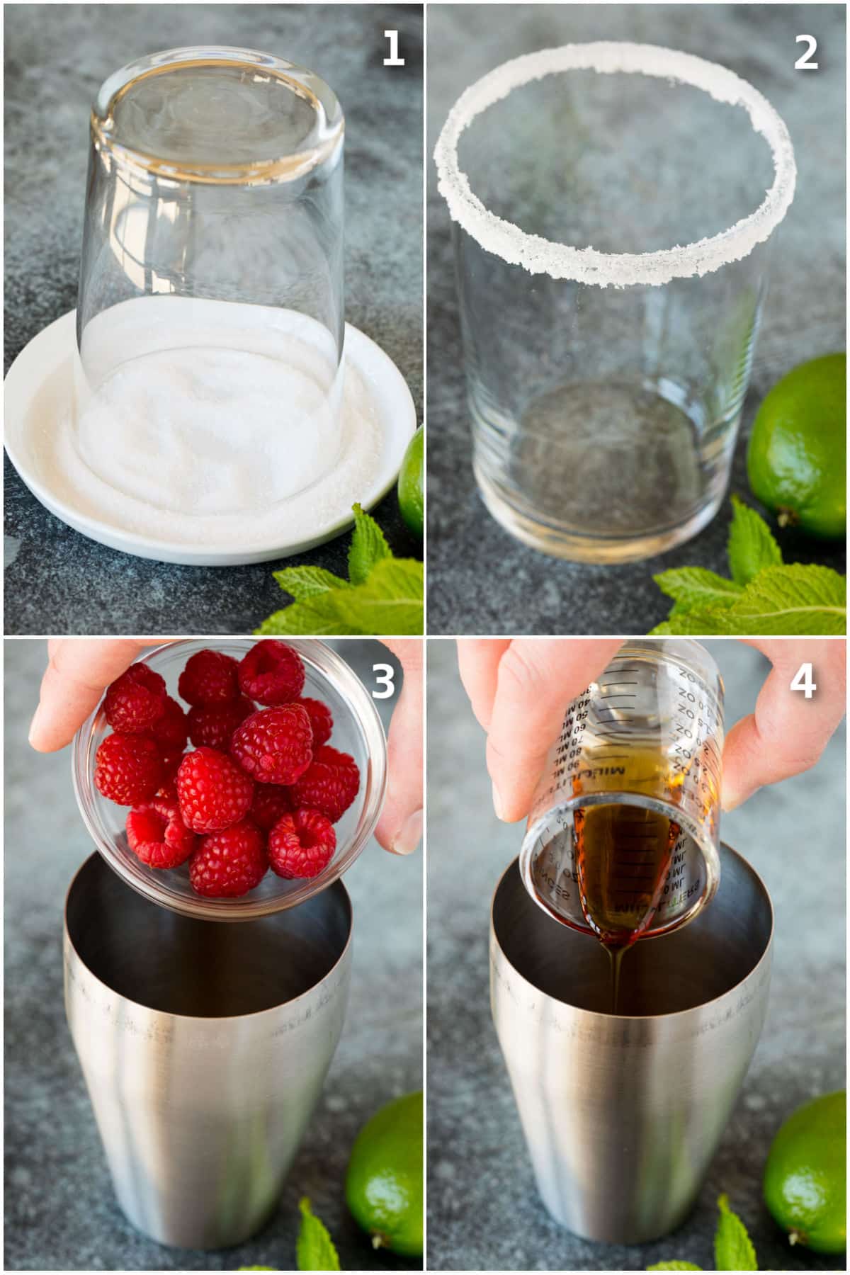 A glass rim being coated with sugar and salt, and raspberries and agave syrup in a cocktail shaker.
