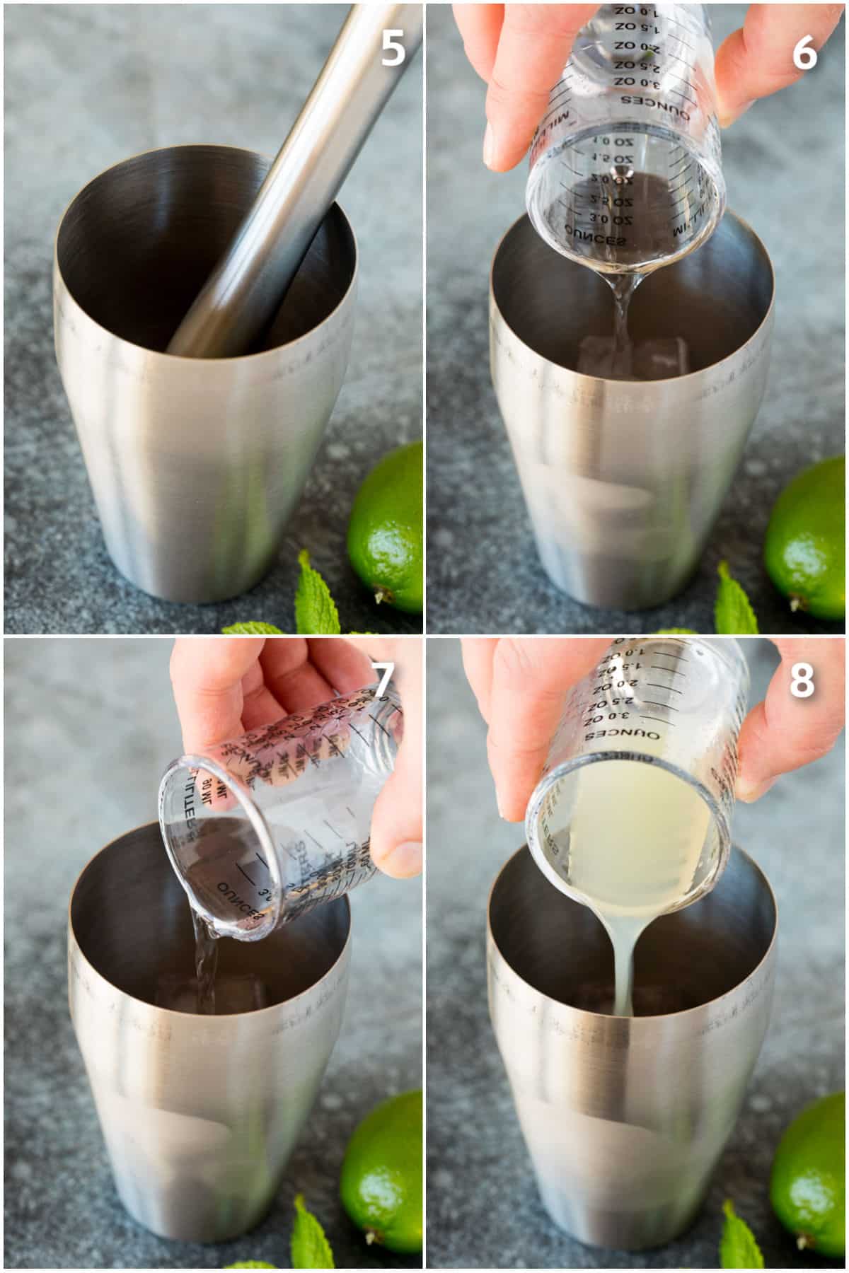 Tequila, triple sec and lime juice being poured into a cocktail shaker.