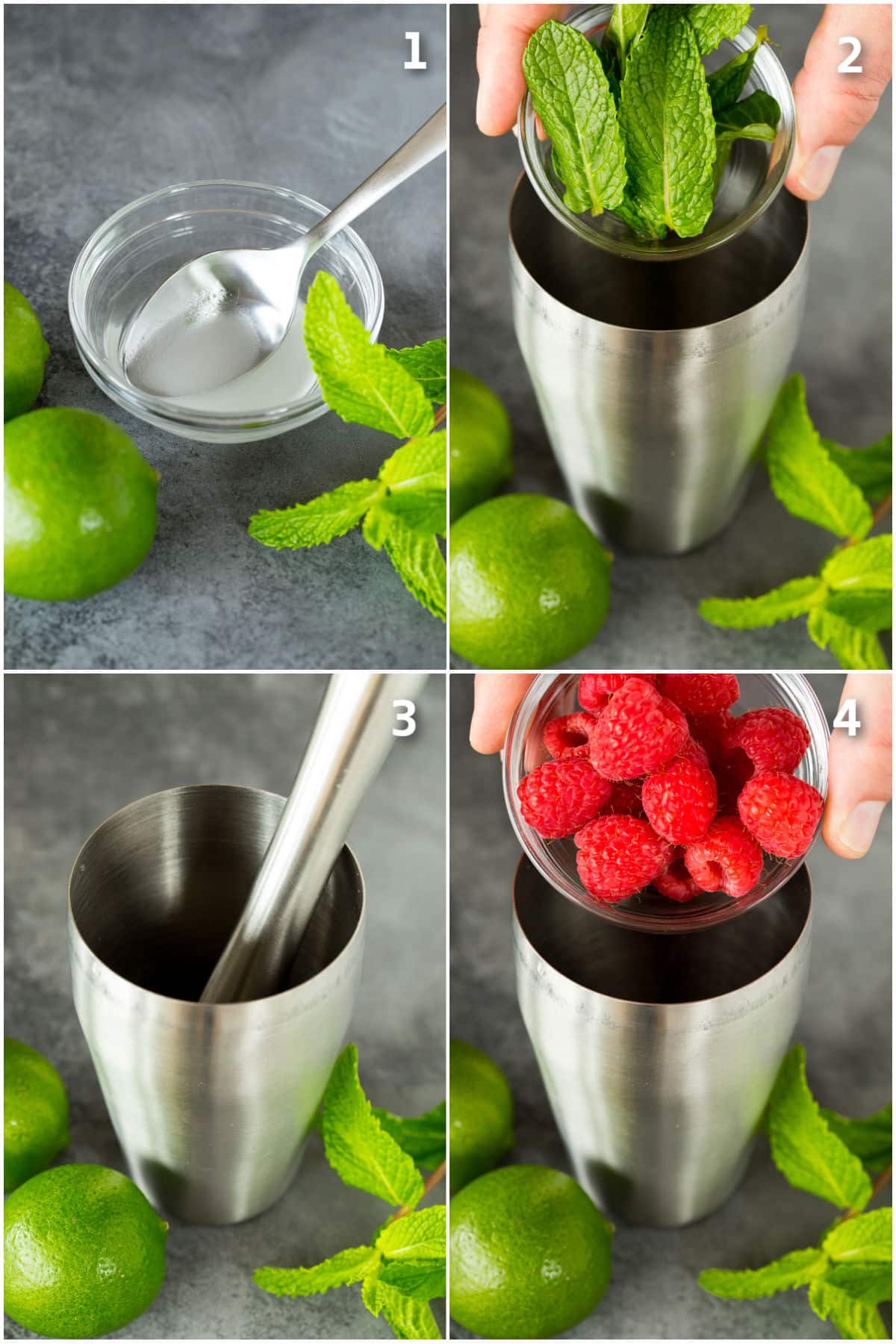 Raspberries, mint and simple syrup being muddled in a cocktail shaker.