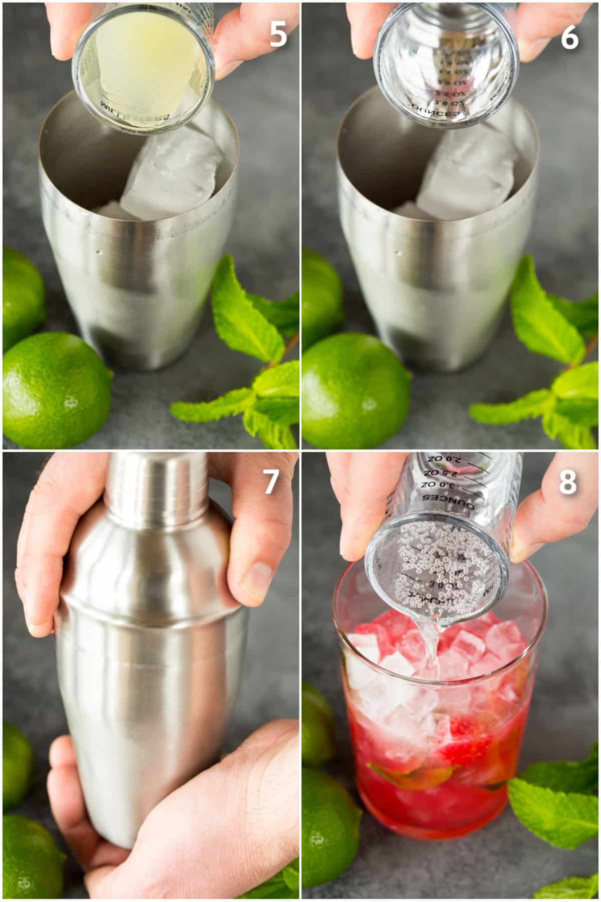 Rum, lime juice and club soda going into a cocktail glass.