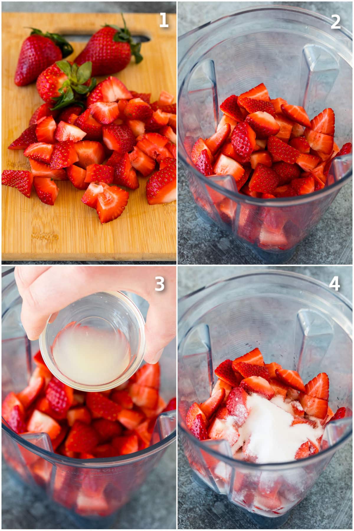 Strawberries mixed with sugar in a blender.