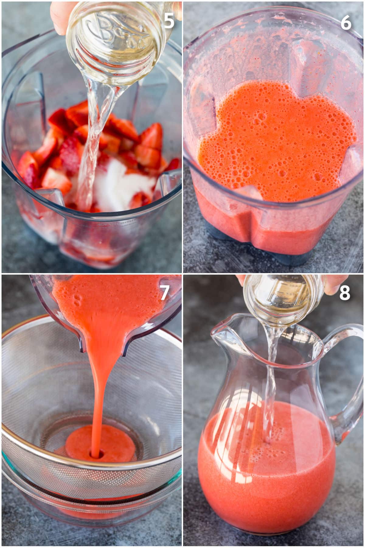 Strawberries blended and poured through a sieve then into a pitcher.
