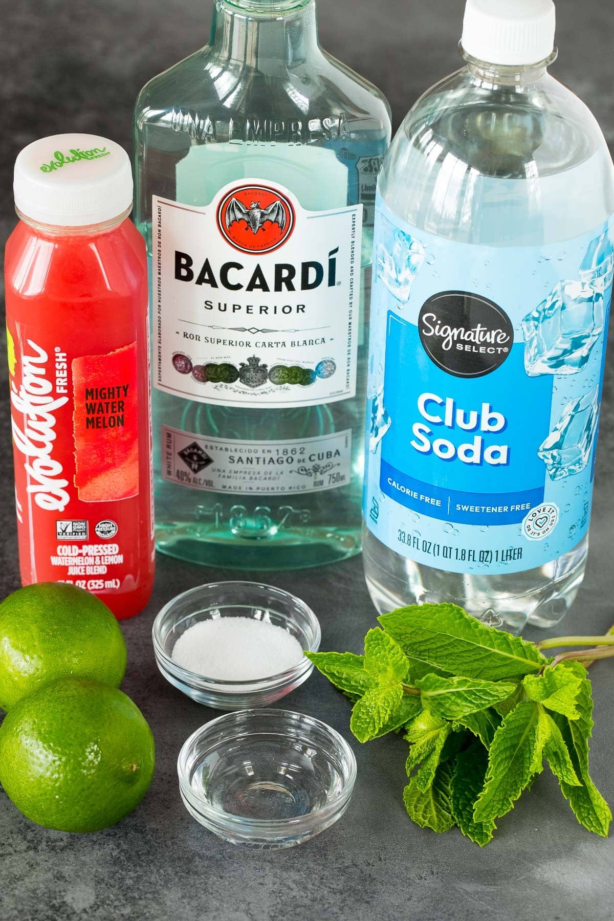 Ingredients including club soda, watermelon juice, lime and mint.