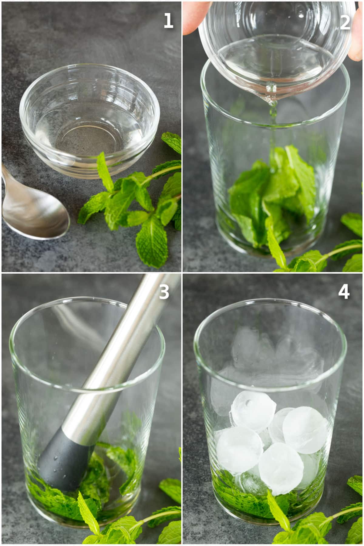 Mint and sugar syrup muddled in a glass.