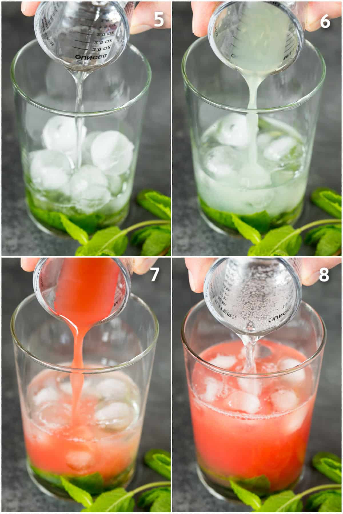 Rum, lime juice, watermelon juice and club soda being poured into a cup.