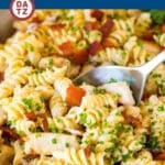 This chicken bacon ranch pasta is sauteed tender chicken breast tossed with pasta in a creamy and cheesy ranch sauce, all finished off with smoky bacon.