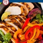These grilled chicken fajitas are chicken breasts and vegetables marinated in a zesty blend of spices, then cooked on the grill to perfection.