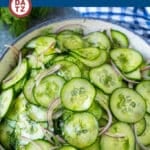 A bowl of cucumber salad with red onions, dill and a red wine vinaigrette.