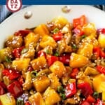 This pineapple chicken is a stir fry of chicken, pineapple and vegetables all tossed in a sweet and savory sauce.